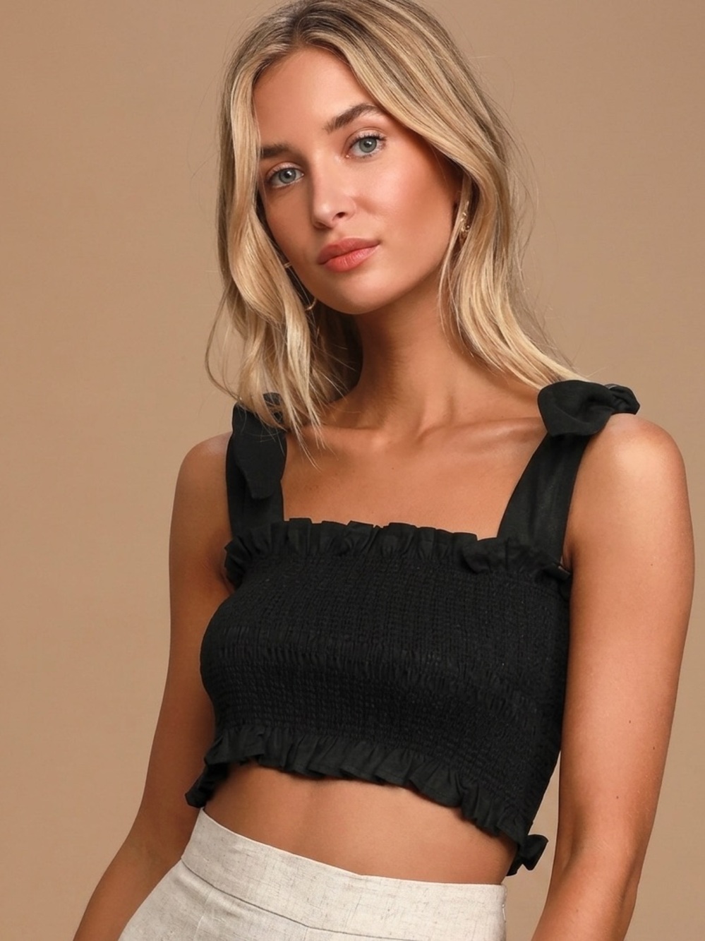 Capulet McKenna Linen Smocked Crop Top Tie Strap Ruffle Boho Cottage Festival S